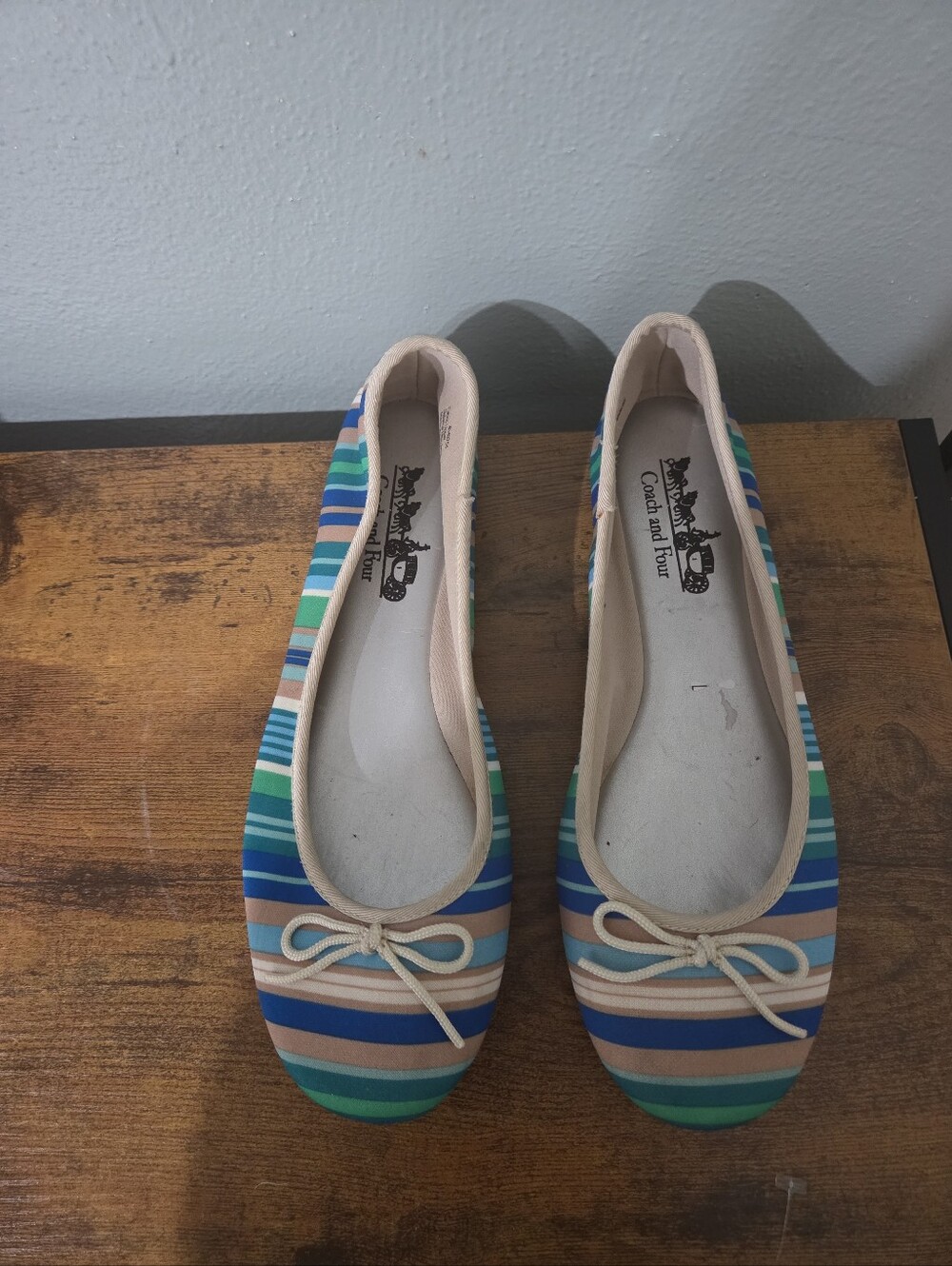 Coach and Four Striped Blue, Green and Tan Ballet Flats.  8